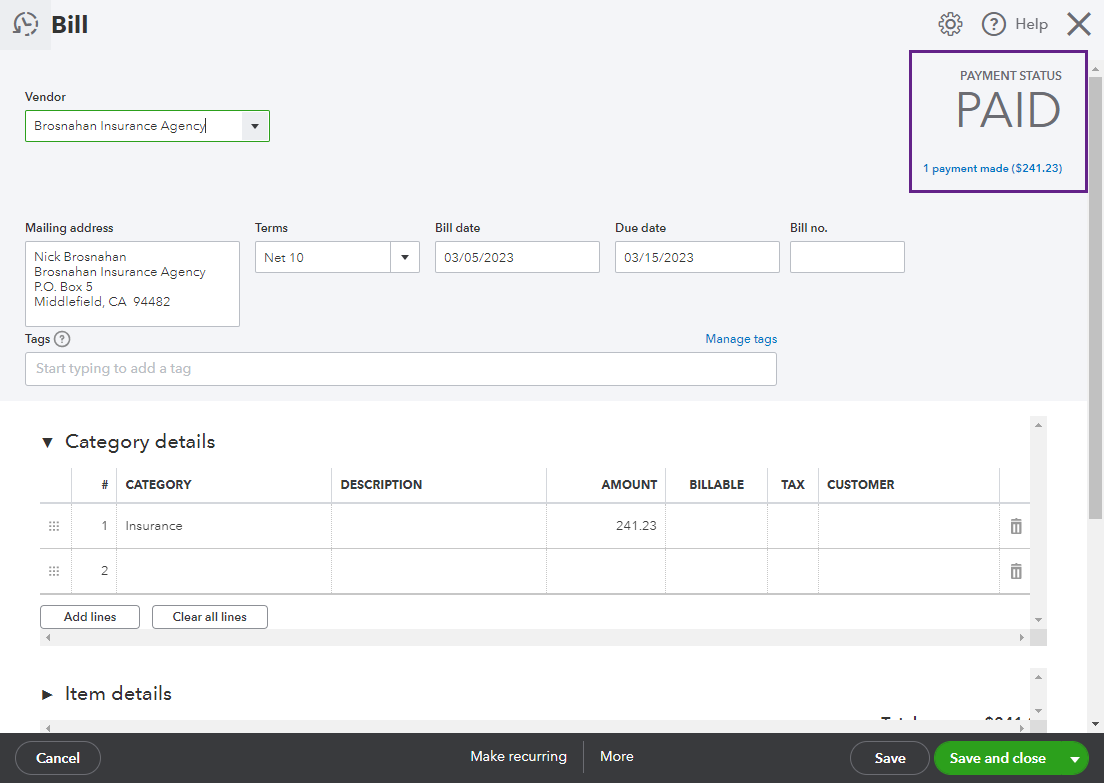 A bill in QBO with a status of PAID. bill-pay_bill-status-paid