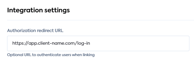 Custom authorization redirect URL entered on the Integration settings page for Sage Bank Feeds. Auth URL