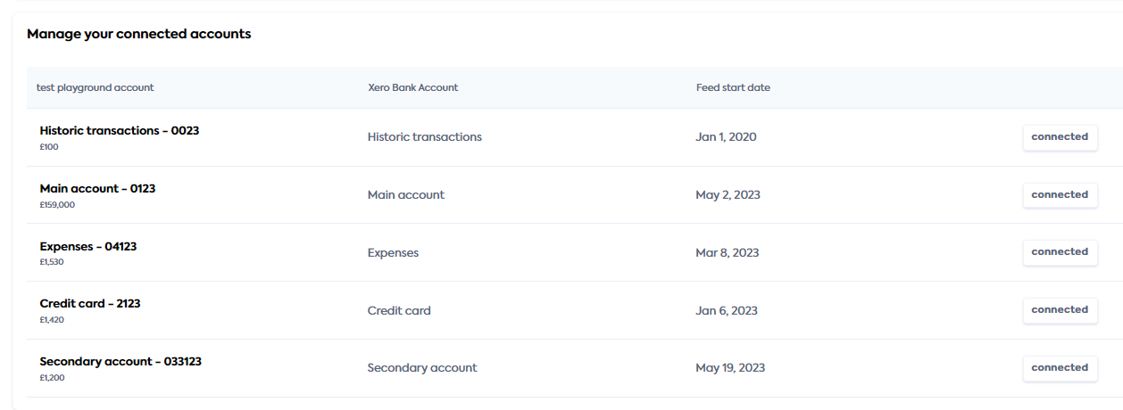 Codat-provided account mapping UI showing several connected accounts in the bottom panel. xero-bank-feeds_account-mapping-ui-manage-feed-connections